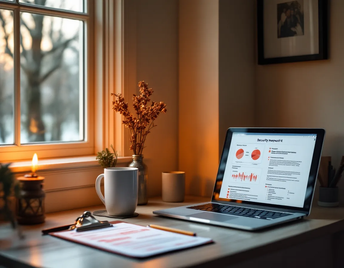 A consultant’s desk at dusk: a laptop with a clinic network diagram, a highlighted printed report and a small glowing zinc lantern